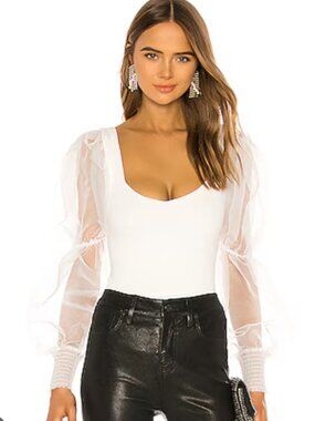 NBD Blaine White Scoop Neck Bodysuit with Sheer Puff Sleeves Size XS